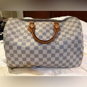 Louis Vuitton Speedy 35 2015 Classic Checkered Satchel Bag in Cream and Gray